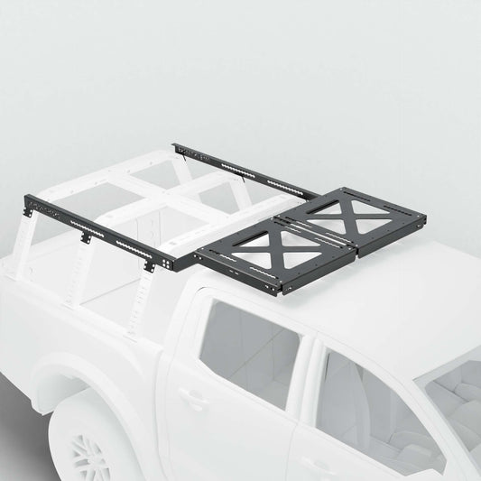 Rendering of extension for bed rack on white pick up truck