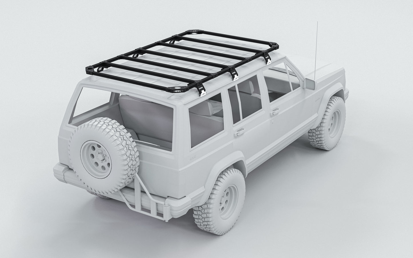 Rear view of DOT Medium roof rack set on Jeep Cherokee